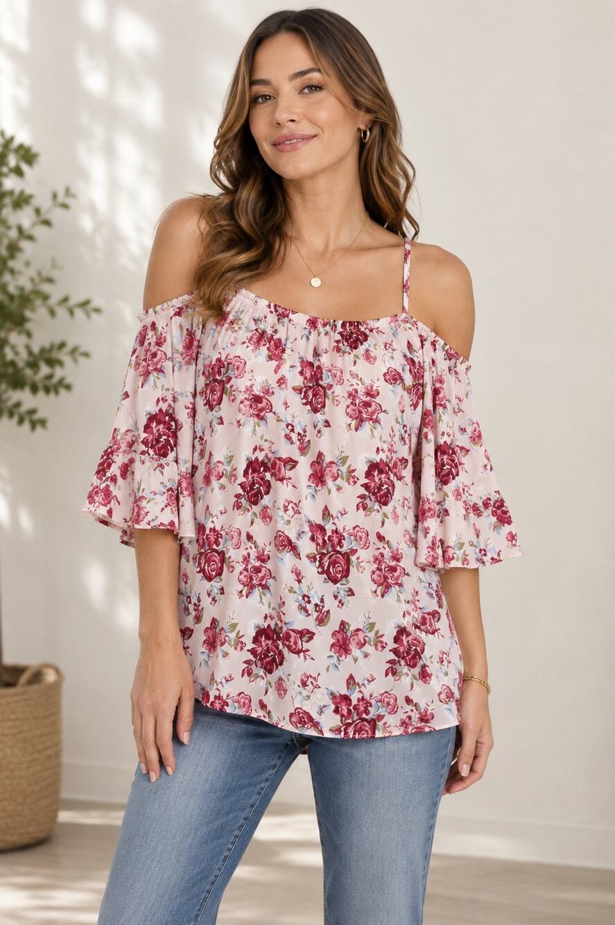 NWT Crave Fame by Almost Famous Pink Floral Off Shoulder Bell Sleeve Blouse XL